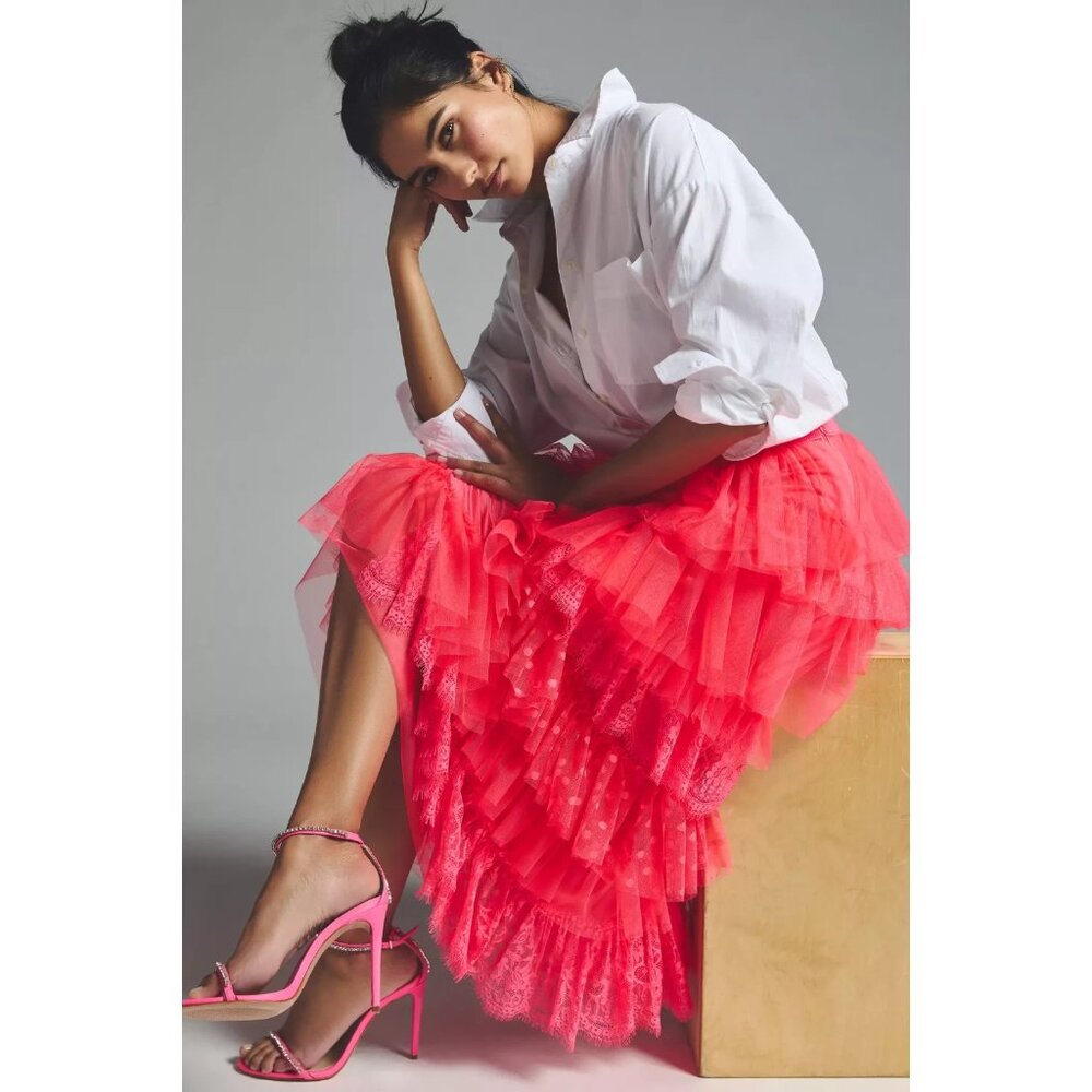 NWT by Anthropologie Cheri Ruffled Tulle Midi in Neon Pink Layered Skirt S